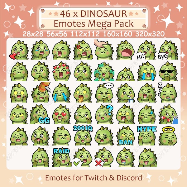 Dinosaur Emotes x 46 for Twitch & Discord Emote | Green Dinosaur Twitch Emote Pack, Discord Emote Pack, Dino Emotes Bundle Mega Pack