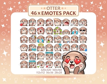 Könnte beinhalten: Eine digitale Sammlung von 46 Otter-Emotes mit verschiedenen Ausdrücken und Aktionen, beschriftet mit OTTER 46 x EMOTES PACK. Das Set enthält Symbole mit Text wie Hi, Bye, GG, RAID und 200 IQ, mit Größenangaben 320x320, 160x160, 112x112, 56x56 und 28x28.