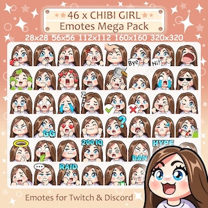 Chibi Girl Emotes x 46 for Twitch & Discord Emote | brown hair, blue eyes, pale skin, vanilla skin, brunette | Cute Kawaii Girl Emote Pack