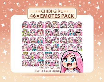 Paquete de 46 gestos de chica chibi, cabello rosado, ojos azules, piel clara, gestos de Twitch, gestos de Discord, paquete de gestos PNG, listo para usar.