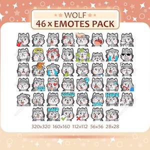 Op de afbeelding: Een digitale collectie van 46 wolf-emotes met diverse uitdrukkingen en acties. De afbeelding bevat tekstlabels zoals WOLF 46 x EMOTES PACK, GG, 200 IQ, RAID, HYPE, BAN en Hi, samen met de afmetingen 320x320, 160x160, 112x112, 56x56, 28x28.