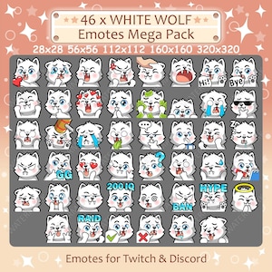 White Wolf Emotes x 46 for Twitch & Discord Emote | White Wolf Twitch Emote Pack, Discord Emote Pack, Wolf Emotes Bundle Mega Pack