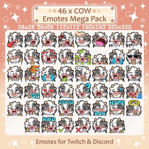 Cow Emotes x 46 for Twitch & Discord Emote | Black Cow Twitch Emote Pack, Discord Emote Pack, Black Cow Emotes Bundle Mega Pack