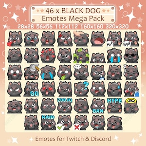 Emotki Czarnego Psa x 46 dla Twitch i Discord Emote | Pakiet emotek Czarnego Psa Twitch, Pakiet emotek Discord, Pakiet emotek psa Mega Pack