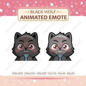 May include: Animated emote featuring a cartoon black wolf with red eyes and fangs, holding a blue object. The image includes the text "BLACK WOLF ANIMATED EMOTE" and various size dimensions. The background is pink with stars.