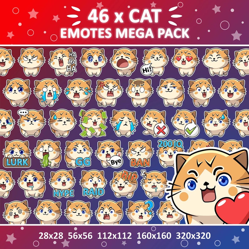 Cat Emotes X 46 for Twitch & Discord Emote / Cute Kawaii Chibi Cat ...