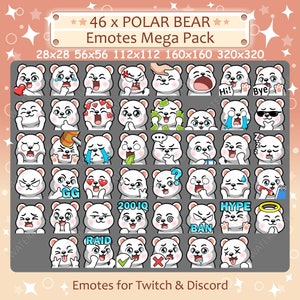 Polar Bear Emotes x 46 for Twitch & Discord Emote | Polar Bear Twitch Emote Pack, Discord Emote Pack, Polar Bear Emotes Bundle Mega Pack