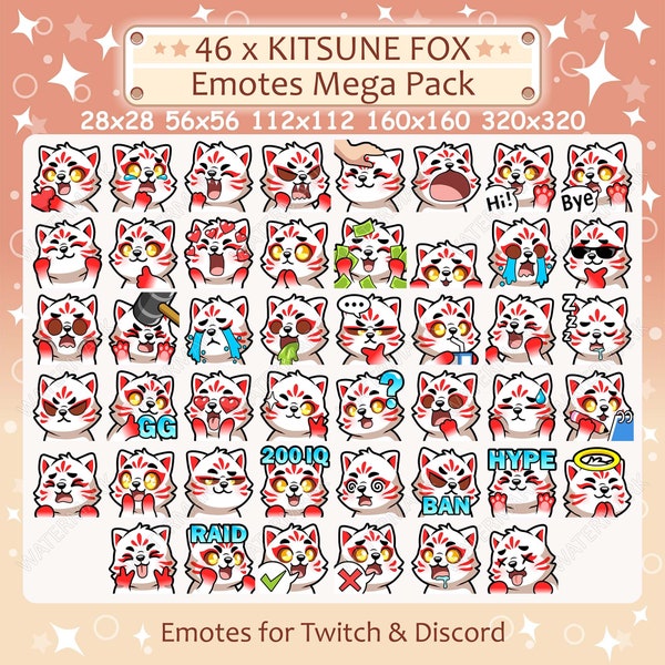 Kitsune Fox Emotes x 46 pour Twitch & Discord Emote | Kitsune Fox Twitch Emote Pack, Discord Emote Pack, Kitsune Fox Emotes Bundle Méga Pack