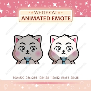 May include: Animated emote featuring a gray and white cat holding a blue cup. The cat has a sad expression and pink cheeks. The image includes the text "WHITE CAT ANIMATED EMOTE" and various size dimensions.