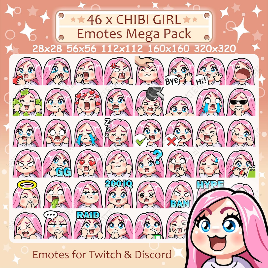 Modle Emotes Chibi Girl Emotes X 46 for Twitch & Discord Emote | Pink Hair, Blue ...