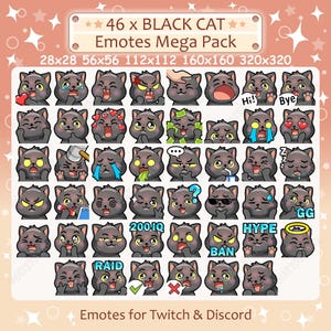 Twitch および Discord エモート用の Black Cat Emotes x 46 / Black Cat Twitch エモート パック、Discord エモート パック、Black Cat エモート バンドル メガ パック