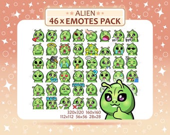 Puede incluir: Una colección digital de 46 emoticonos alienígenas verdes con diversas expresiones y acciones, incluyendo textos como Hi, Bye, GG, 200 IQ y RAID. El set incluye un alienígena grande con el pulgar hacia arriba y las medidas 320x320, 160x160, 112x112, 56x56, 28x28.