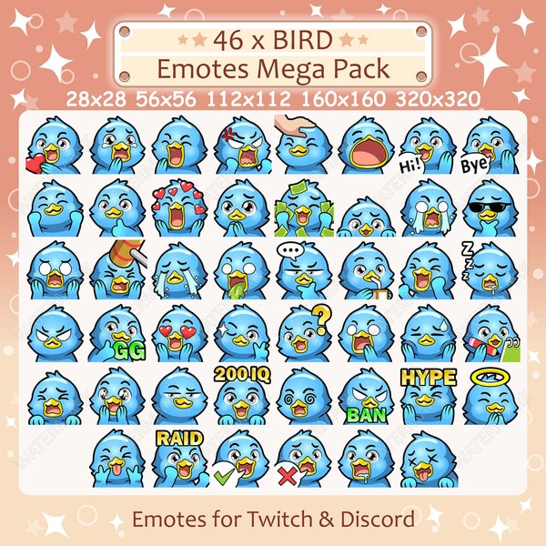 Bird Emotes x 46 for Twitch and Discord Emote | Blue Bird Twitch Emote Pack, Discord Emote Pack, Bird Emotes Bundle Mega Pack
