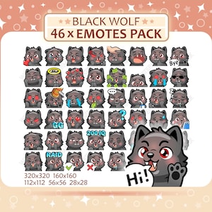 46 Black Wolf Emotes Pack, Twitch Emotes, Discord Emotes, PNG Emotes Pack, Ready to Use