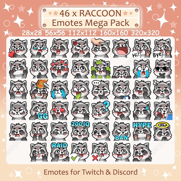 Raccoon Emotes x 46 for Twitch & Discord Emote | Racoon Twitch Emote Pack, Discord Emote Pack, Raccoon Emotes Bundle Mega Pack