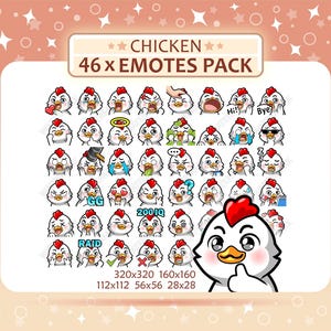 Pacote com 46 emotes de galinha, emotes para Twitch, emotes para Discord, pacote de emotes em PNG, pronto para usar.