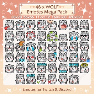 Wolf Emotes x 46 for Twitch & Discord Emote | Gray Wolf Twitch Emote Pack, Discord Emote Pack, Grey Wolf Emotes Bundle Mega Pack