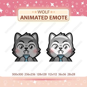 May include: Animated wolf emote in shades of grey and white, clutching a blue cup. The image features the text "WOLF ANIMATED EMOTE" and pixel dimensions, including 500x500 and 256x256. Set against a pink backdrop with white star patterns.