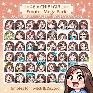 Chibi Girl Emotes x 46 for Twitch & Discord Emote | brown hair, brown eyes, pale skin, vanilla skin, brunette | Cute Kawaii Girl Emote Pack