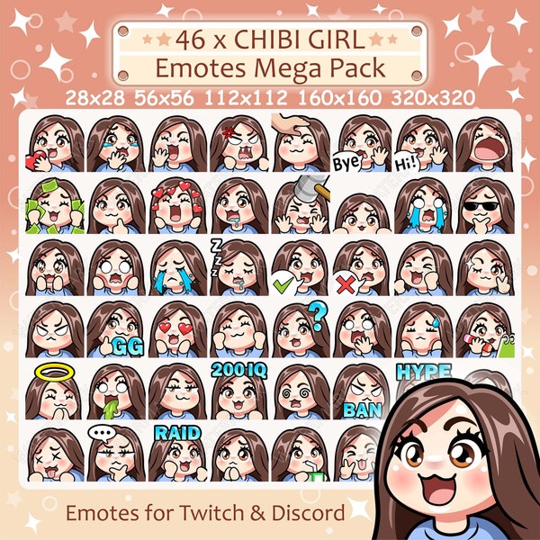 Chibi Girl Emotes x 46 for Twitch & Discord Emote | brown hair, brown eyes, pale skin, vanilla skin, brunette | Cute Kawaii Girl Emote Pack