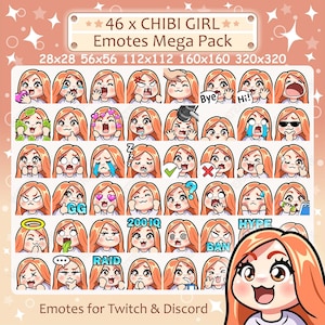 Chibi Girl Emotes x 46 for Twitch & Discord Emote | ginger hair, brown eyes, pale skin, vanilla / light skin | Cute Kawaii Girl Emote Pack