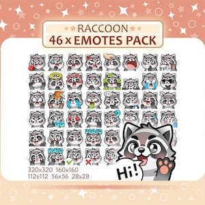 Paquete de 46 emoticonos de mapache, emoticonos de Twitch, emoticonos de Discord, paquete de emoticonos PNG, listo para usar