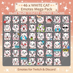 White Cat Emotes x 46 for Twitch & Discord Emote / White Cat Twitch Emote Pack and Discord Emote Pack, White Cat Emotes Bundle Mega Pack
