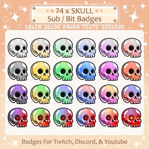 Skull Sub Bit Badges x 24 for Twitch, Discord, and Youtube Badges, Channel Points, Emote, Halloween Twitch Badges, Sub Badges