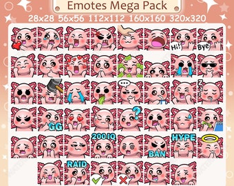 Axolotl Emotes x 46 for Twitch & Discord Emote | Pink Axolotl Twitch Emote Pack, Discord Emote Pack, Pink Salamander Emote Bundle Mega Pack