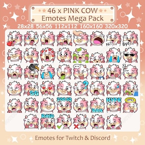 Pink Cow Emotes x 46 for Twitch & Discord Emote | Pink Cow Twitch Emote Pack, Discord Emote Pack, Cow Emotes Bundle Mega Pack