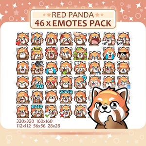 May include: A digital collection of 46 red panda emotes featuring various expressions and actions. The pack includes text labels like RED PANDA 46 x EMOTES PACK, Hi, Bye, GG, 200 IQ, RAID, and checkmarks. Sizes listed are 320x320, 160x160, 112x112, 56x56, 28x28.