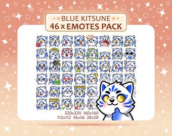 Pacchetto di 46 emoticon Volpe Kitsune Blu, emoticon Twitch, emoticon Discord, pacchetto di emoticon PNG, pronti all'uso