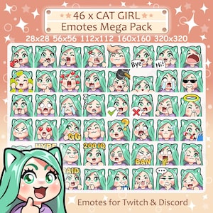 Cute Cat Girl Emotes x 46 | green hair, green eyes, light skin, pale skin | for Twitch & Discord Emote, Kawaii Chibi Cat Girl Emotes