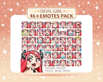 46 Devil Girl Emotes Pack, rote Haare, rote Augen, helle Haut, roter Teufel Succubus, Twitch Emotes, Discord Emotes, PNG Emotes Pack, sofort einsatzbereit