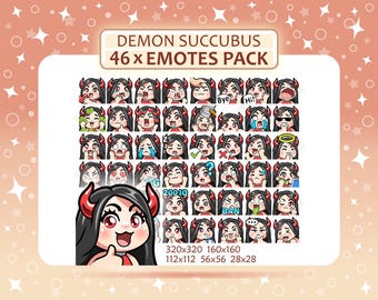 46 Demon Succubus Emotes Pack, schwarzes Haar, rote Augen, helle Haut, Twitch Emotes, Discord Emotes, PNG Emotes Pack, sofort einsatzbereit