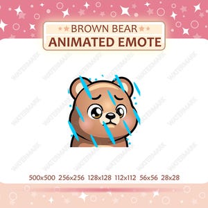 Peut inclure: Émoticône animée d'un ours brun avec une expression triste, représentée avec de la pluie et un visage abattu. L'image comprend le texte "BROWN BEAR ANIMATED EMOTE" et diverses dimensions.
