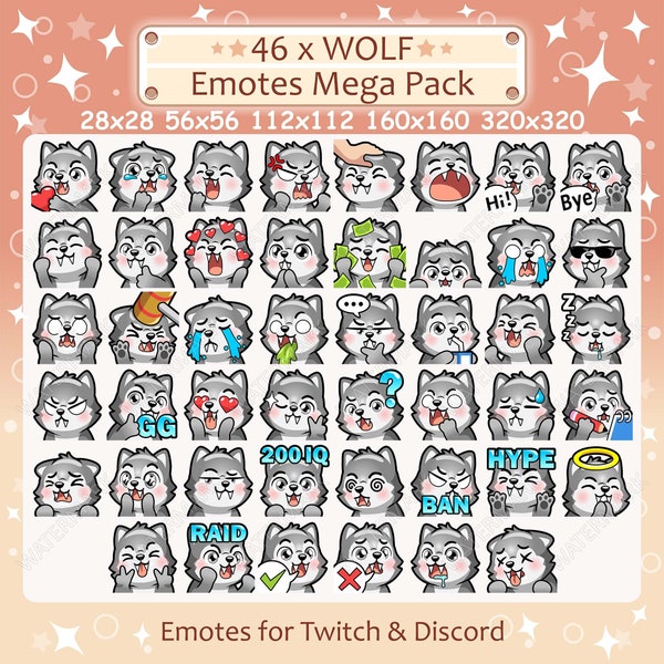 Wolf Emotes x 46 for Twitch & Discord Emote | Gray Wolf Twitch Emote Pack, Discord Emote Pack, Grey Wolf Emotes Bundle Mega Pack