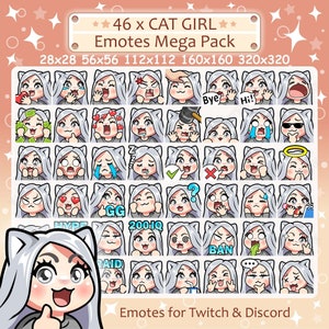 Cute Cat Girl Emotes x 46 | silver hair, gray eyes, light skin, pale skin | for Twitch & Discord Emote, Kawaii Chibi Cat Girl Emote Pack