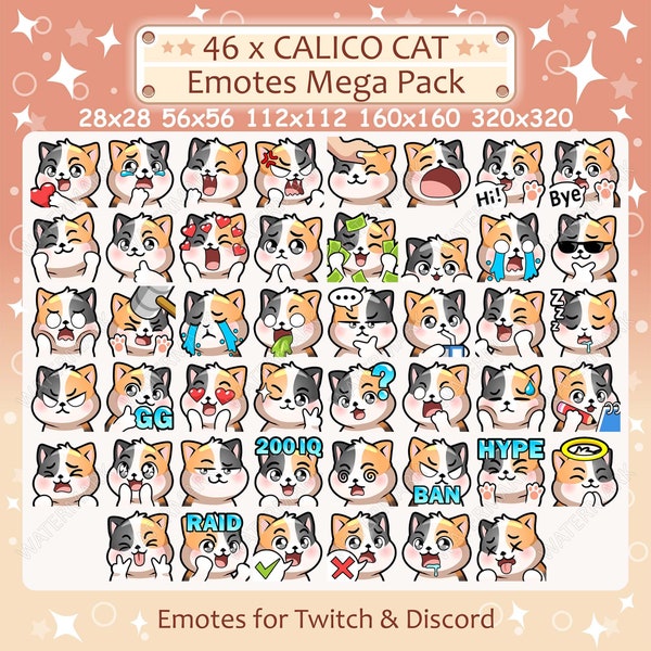 Calico Cat Emotes x 46 for Twitch & Discord Emote | Calico Cat Twitch Emote Pack, Discord Emote Pack, Calico Kitten Emotes Bundle Mega Pack