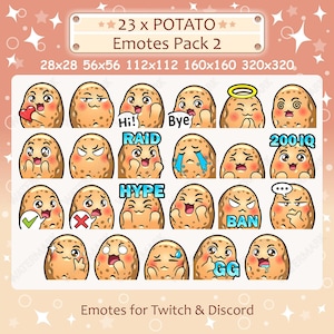 Potato Emotes x 23 Pack 2 for Twitch and Discord Emote | Potato Twitch Emote Pack, Discord Emote Pack, Potato Emoji Bundle Pack