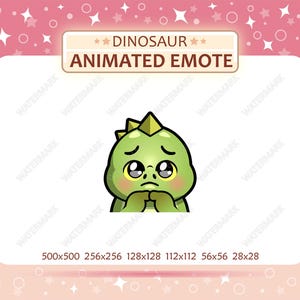 以下が含まれることがあります： 悲しい表情のアニメーション恐竜絵文字。緑色の恐竜は黄色のとさかがあり、手を合わせています。「DINOSAUR ANIMATED EMOTE」というテキストが恐竜の上に表示され、さまざまなサイズの寸法が示されています。