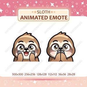 Könnte beinhalten: Zwei animierte Faultier-Emotes mit großen Augen. Das linke Faultier hält die Hände mit offenem Mund ans Gesicht, das rechte Faultier hält die Hände vor den Mund. Text: SLOTH ANIMATED EMOTE und 500x500 256x256 128x128 112x112 56x56 28x28.