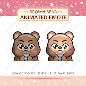May include: Animated emote featuring two brown bears with a slightly grumpy expression, holding a blue cup. The text "BROWN BEAR ANIMATED EMOTE" is displayed above the bears. The image is set against a pink background with stars.