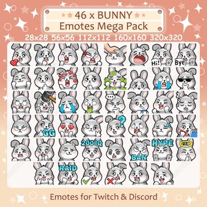 Bunny Emotes x 46 for Twitch & Discord Emote | Rabbit Twitch Emote Pack, Discord Emote Pack, Bunny Emotes Bundle Mega Pack