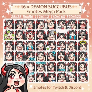 悪魔サキュバス エモート x 46 | 黒髪、赤目、明るい肌 | Twitch および Discord エモート、かわいいかわいいちび悪魔悪魔ガール エモート パック