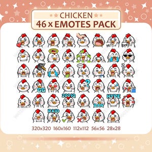 May include: A digital collection of 46 chicken emotes featuring various expressions and actions. The graphic includes text labels such as CHICKEN 46 x EMOTES PACK, Hi, Bye, GG, 200 IQ, HYPE, BAN, and RAID, along with size specifications 320x320, 160x160, 112x112, 56x56, 28x28.