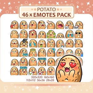 May include: A digital collection of 46 potato emotes featuring various expressions and actions. The header reads POTATO 46 x EMOTES PACK. Each character is a tan, oval-shaped potato with brown spots, displaying emotions like love, crying, and sleeping.