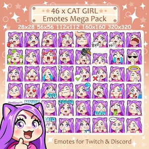 Cute Cat Girl Emotes x 46 | purple hair, purple eyes, light skin, pale skin | for Twitch & Discord Emote, Kawaii Chibi Cat Girl Emote Pack