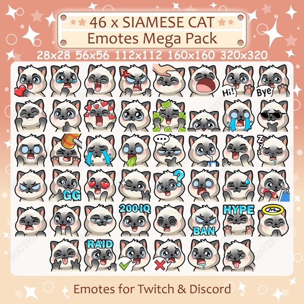 Siamese Cat Emotes x 46 for Twitch & Discord Emote | Siamese Cat Twitch Emote Pack, Discord Emote Pack, Siamese Cat Emotes Bundle Mega Pack