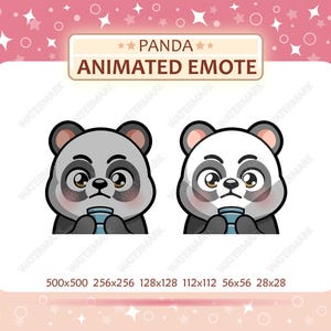 May include: Animated panda emote with a gray and white color scheme, holding a blue cup. The image includes the text "PANDA ANIMATED EMOTE" and various size dimensions.